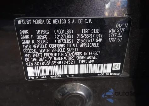 2017 Honda Hr-V Lx from USA, damaged, VIN 3CZRU5H35HM724521